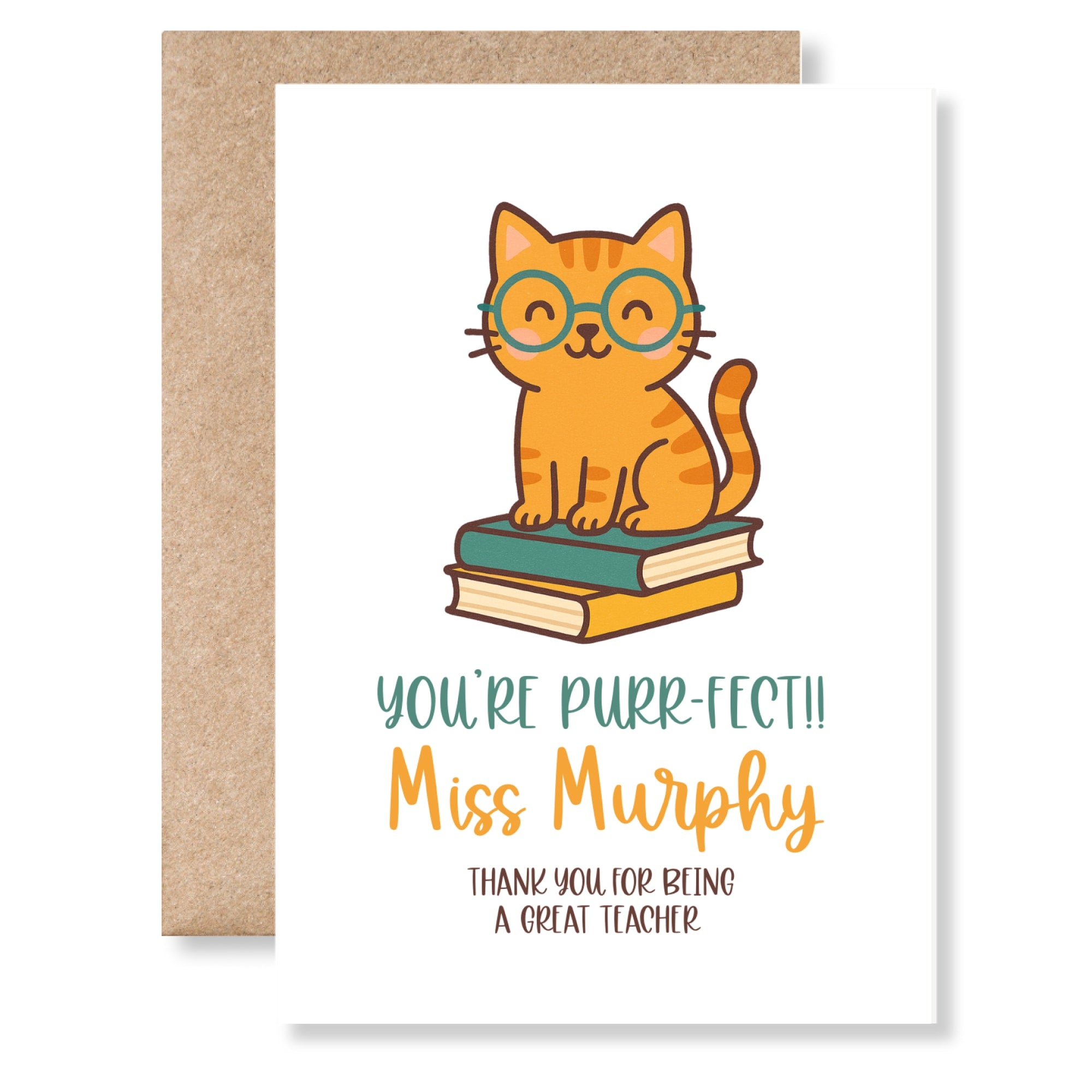 Thank You Teacher Card – “You’re Purr-fect!” Cat Design with Custom Name - Greeting Card - Printarelle