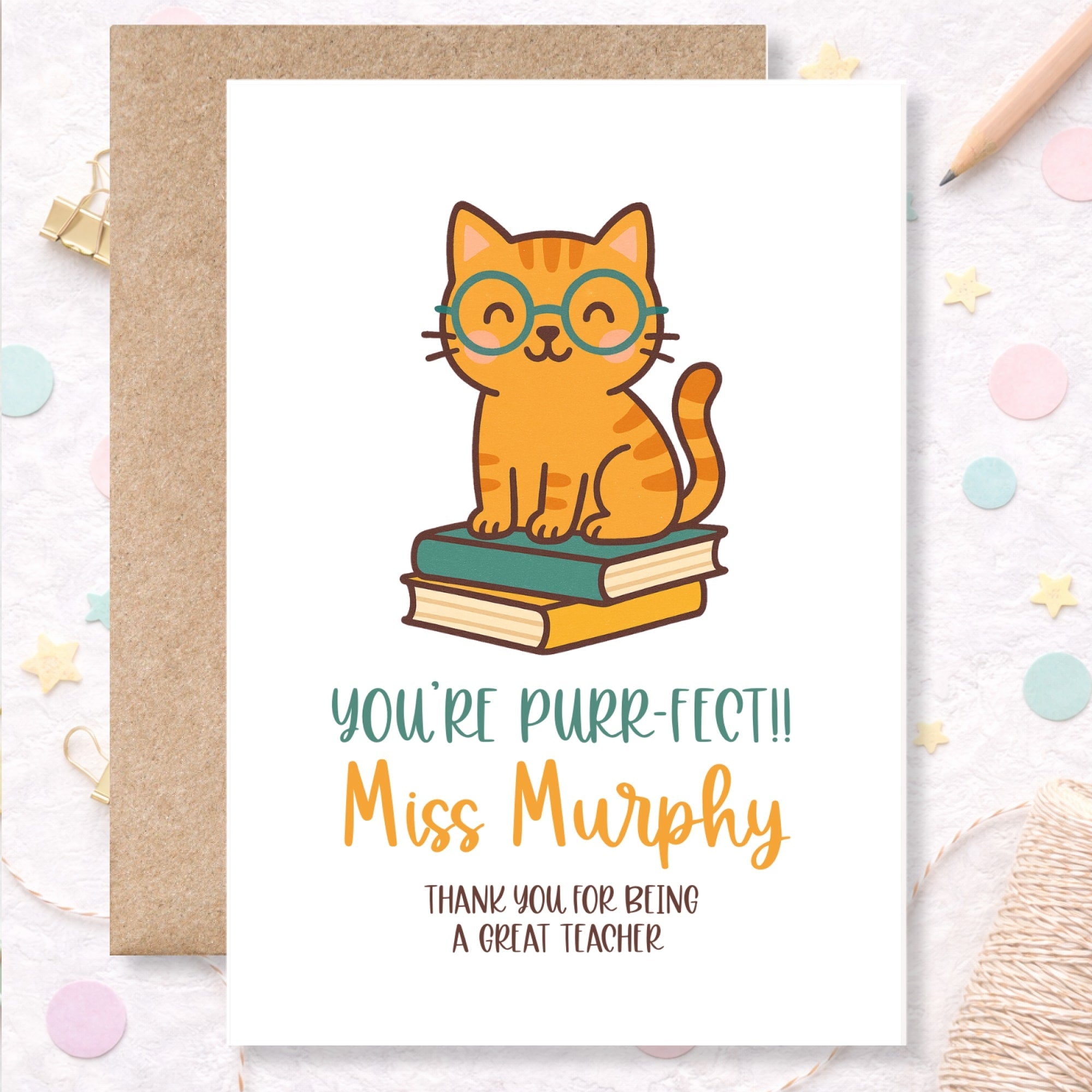 Thank You Teacher Card – “You’re Purr-fect!” Cat Design with Custom Name - Greeting Card - Printarelle
