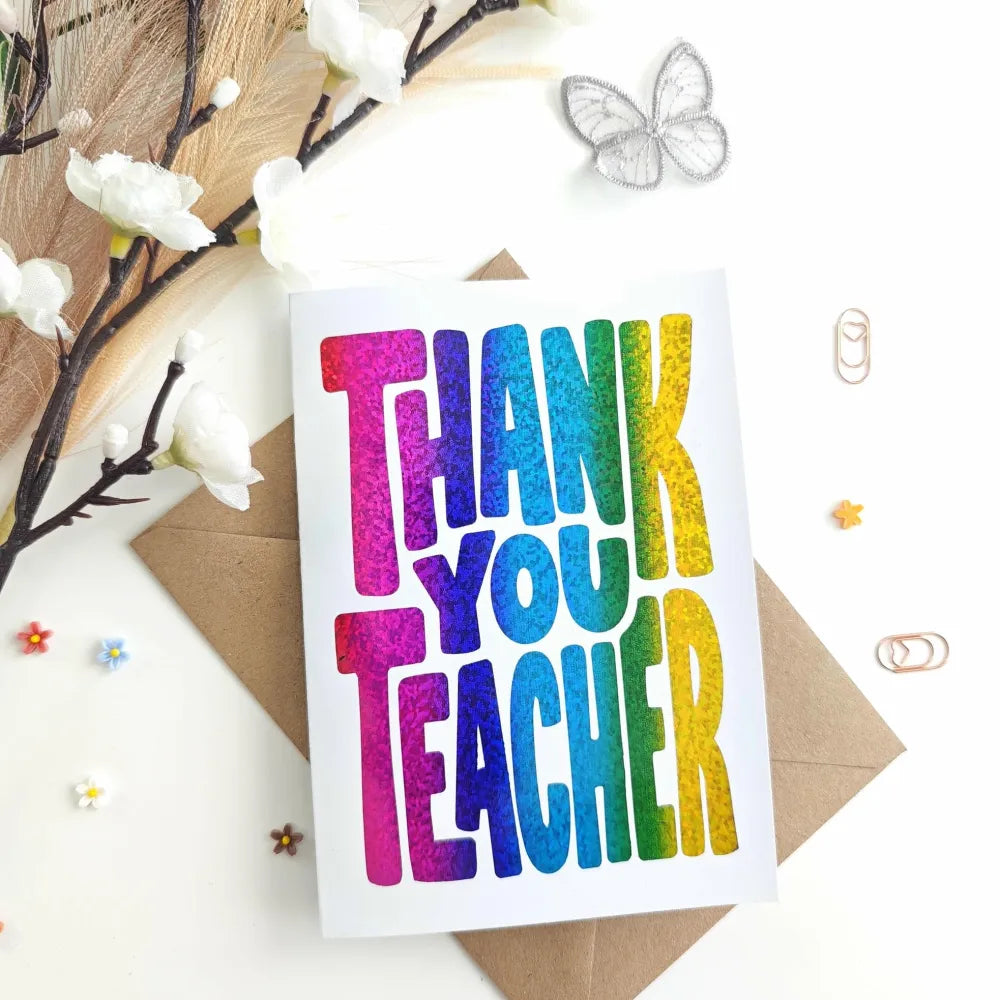 Thank You Teacher Glitter Foil Card | Retro Bold Typography - glitter foil, rainbow glitter, rainbow glitter foil,