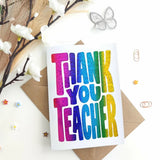 Thank You Teacher Glitter Foil Card | Retro Bold Typography - glitter foil, rainbow glitter, rainbow glitter foil,