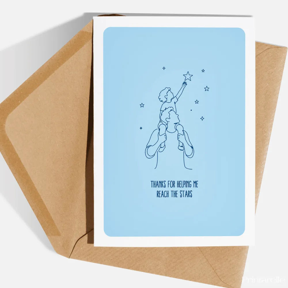 Because of him, the sky felt within reach. This joyful line art illustration of a child perched high on their dad’s