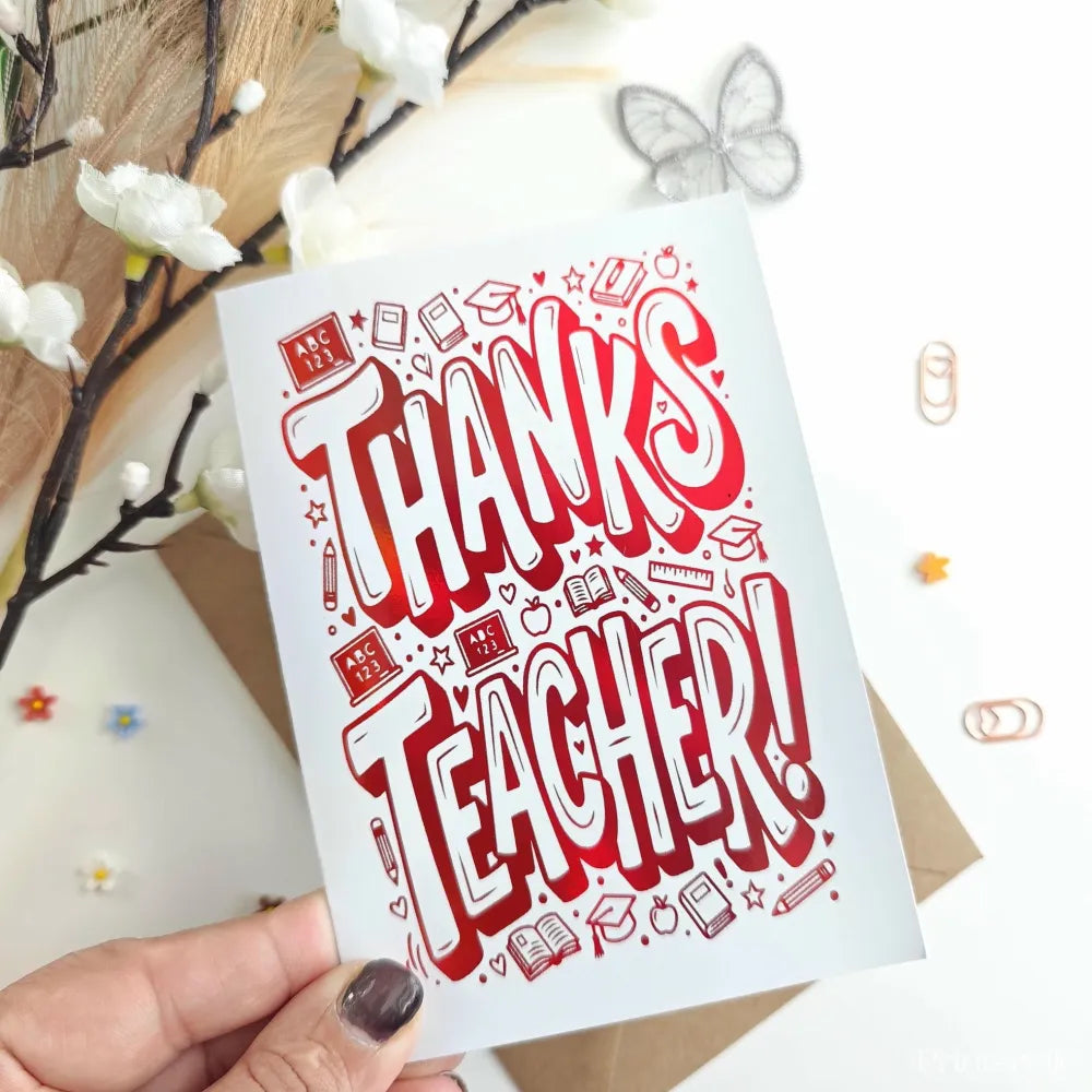 Thanks Teacher! Foil Card | Fun Red Foil - red foil, teacher foil card, fun red foil, school doodles, foil finish