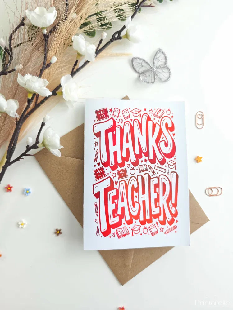 Thanks Teacher! Foil Card | Fun Red Foil - red foil, teacher foil card, fun red foil, school doodles, foil finish