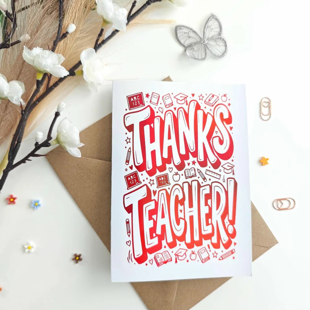 Thanks Teacher! Foil Card | Fun Red Foil - red foil, teacher foil card, fun red foil, school doodles, foil finish