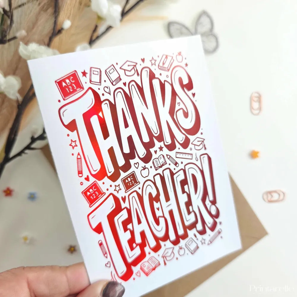 Thanks Teacher! Foil Card | Fun Red Foil - red foil, teacher foil card, fun red foil, school doodles, foil finish