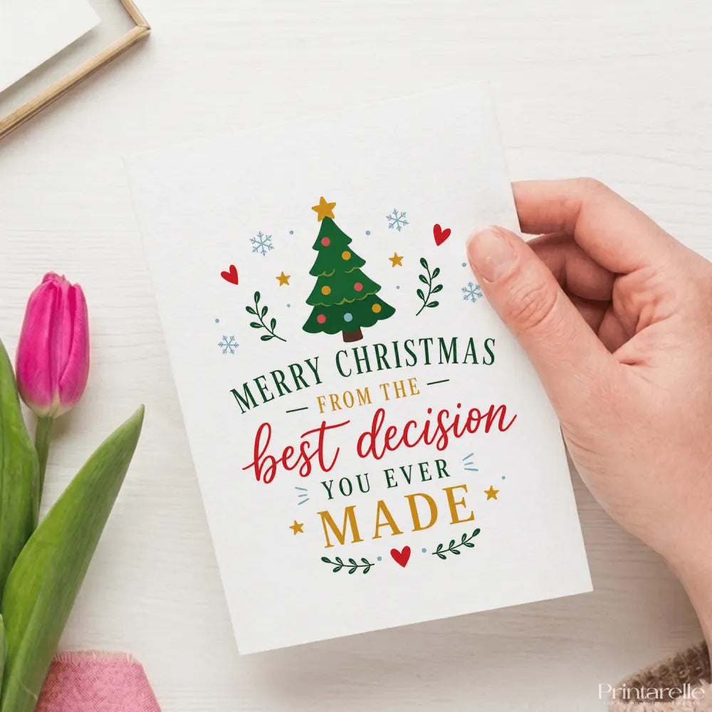 A festive white christmas tree card with colorful ornaments and funny merry christmas best decision text