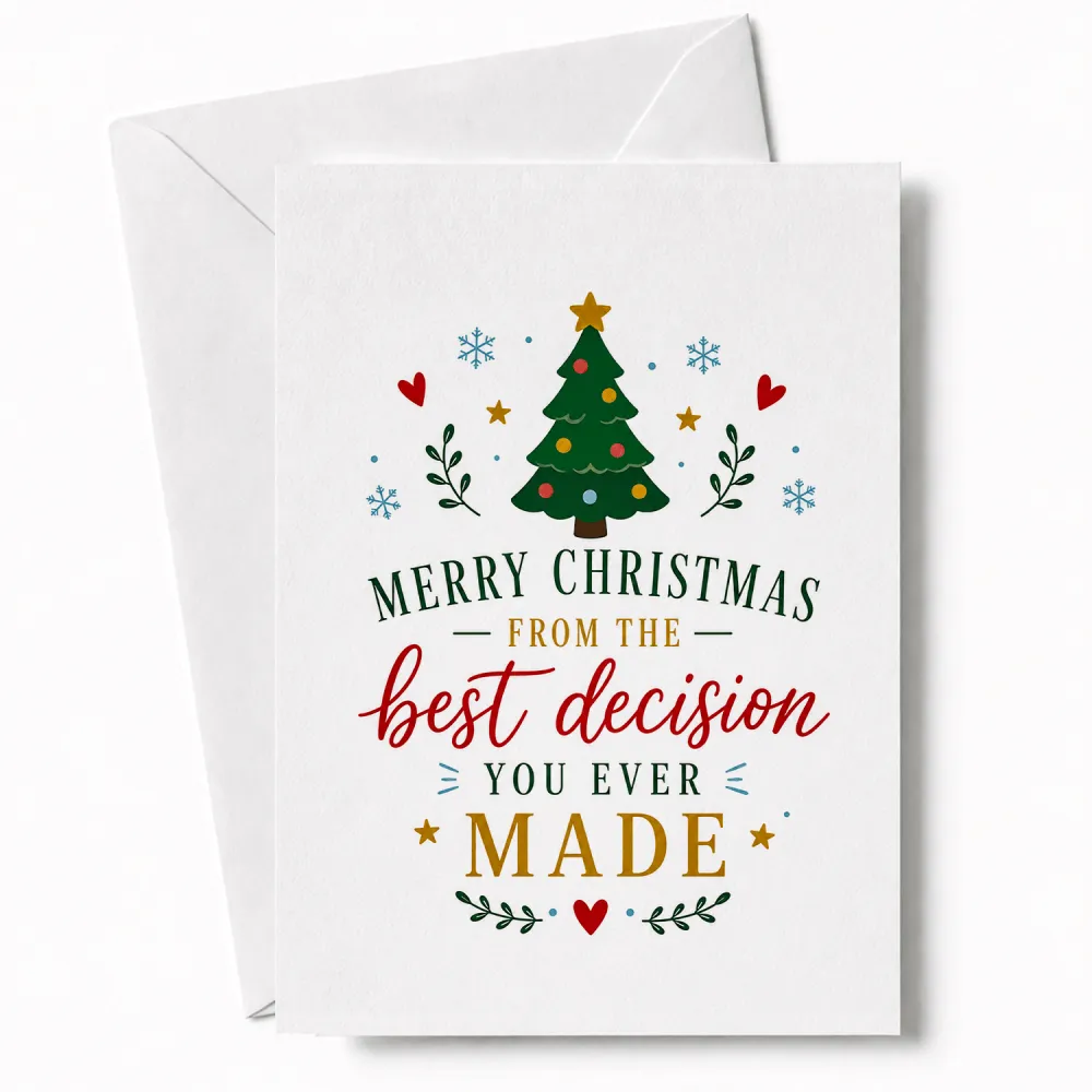 White christmas greeting card featuring a christmas tree with gold and red ornaments for the best decision funny christmas card