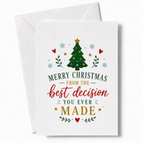 White christmas greeting card featuring a christmas tree with gold and red ornaments for the best decision funny christmas card