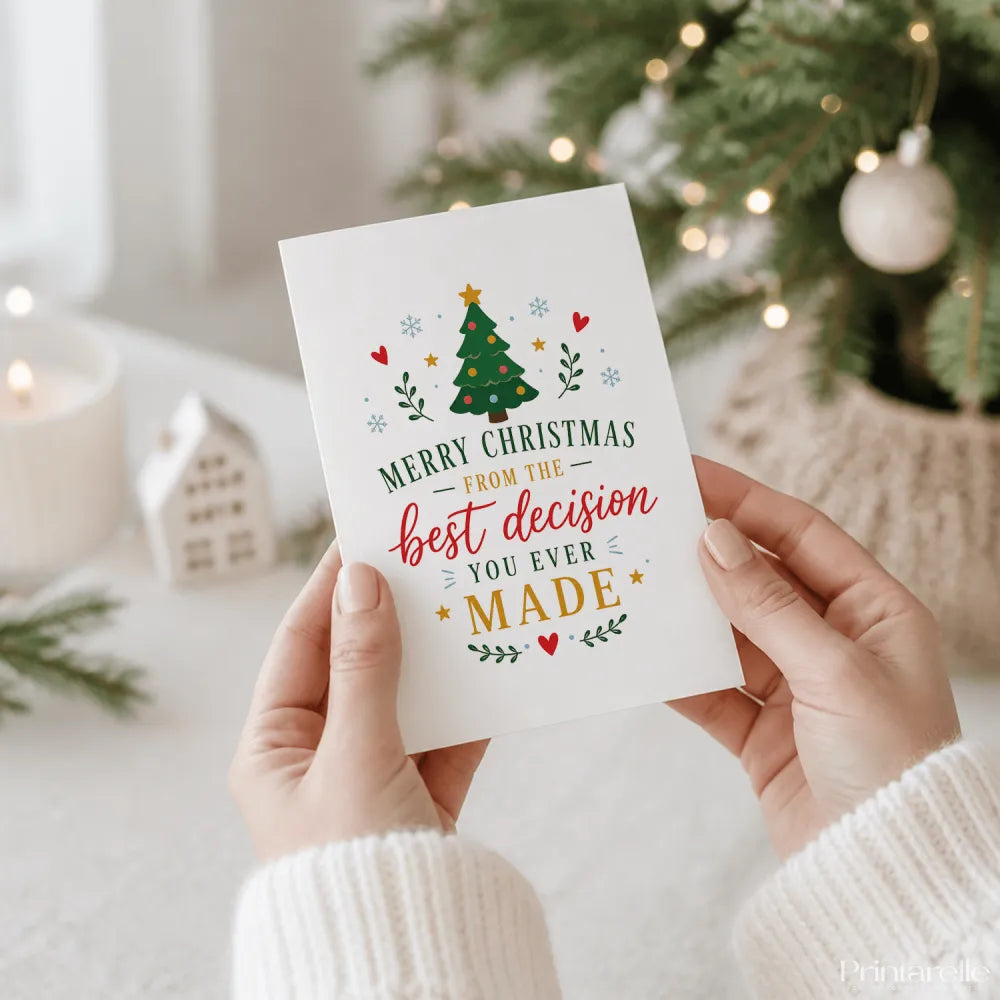 A white christmas tree card with gold and red accents and funny festive hearts for the best decision gift