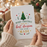 White christmas tree card with colorful ornaments red hearts gold stars and funny merry christmas best decision message