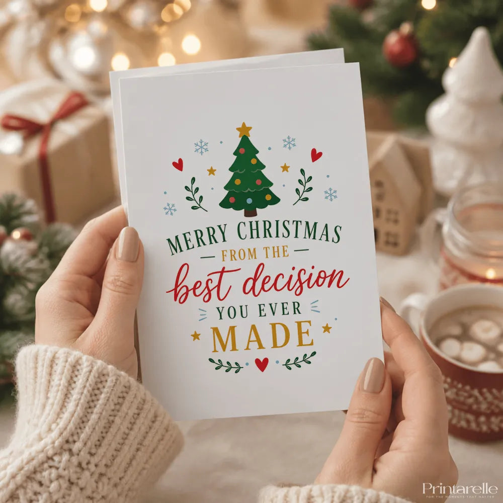 White christmas tree card with colorful ornaments red hearts gold stars and funny merry christmas best decision message