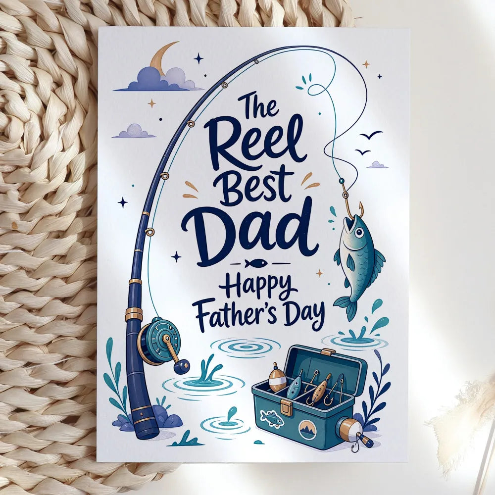 A calm, illustrated card with a very good pun. This design reads The Reel Best Dad, Happy Father’s Day beside a tall