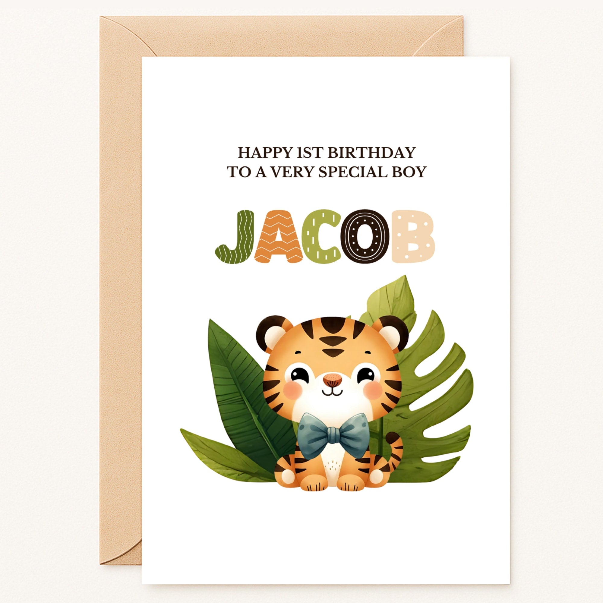 personalised 1st birthday card for boy with tiger and jungle leaves
