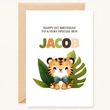 personalised 1st birthday card for boy with tiger and jungle leaves