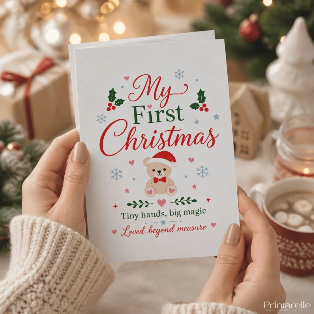 A tiny hands big magic christmas card with a white base, beige teddy in red santa hat, holly, and my first christmas text