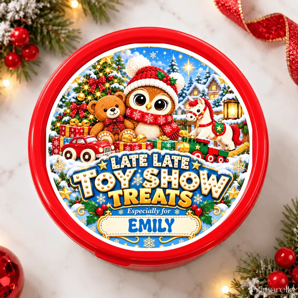 Red circular toy show elf owl treats tub with festive christmas sticker featuring owl teddy bear horse and toy train candy cane