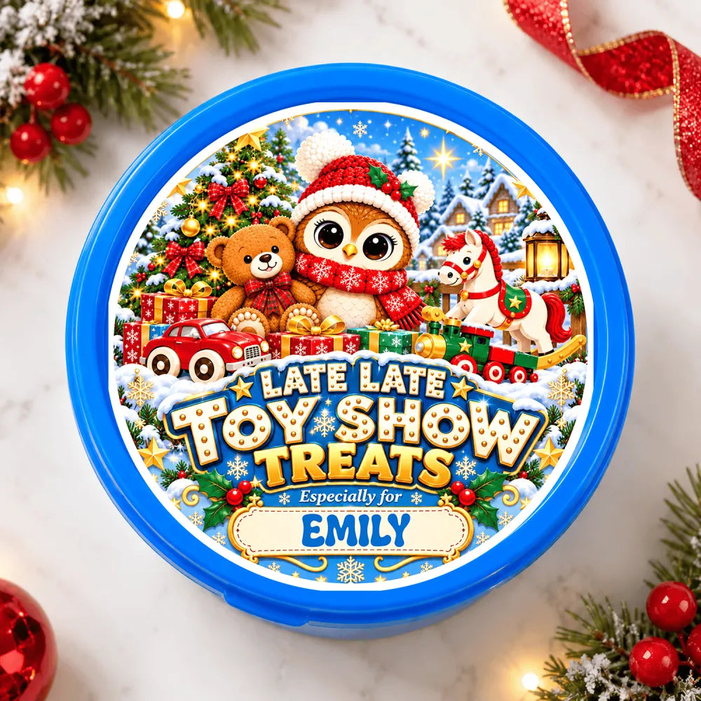 Blue plastic tub sticker with festive christmas lid featuring owl teddy bear horse candy cane and toy train design
