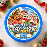 Blue plastic tub sticker with festive christmas lid featuring owl teddy bear horse candy cane and toy train design