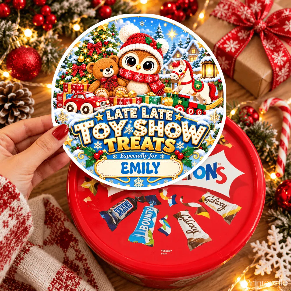 A festive red circular tub sticker for toy show elf owl treats featuring an owl bear horse and candy cane design