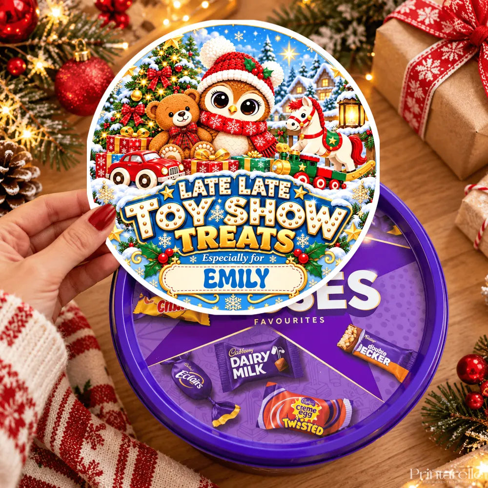 A festive purple circular tin with a personalised tub sticker for emily featuring toy train and candy cane illustrations