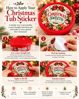 Red plastic chocolate tub with festive toy show elf owl treats sticker featuring candy cane gingerbread men and snowmen