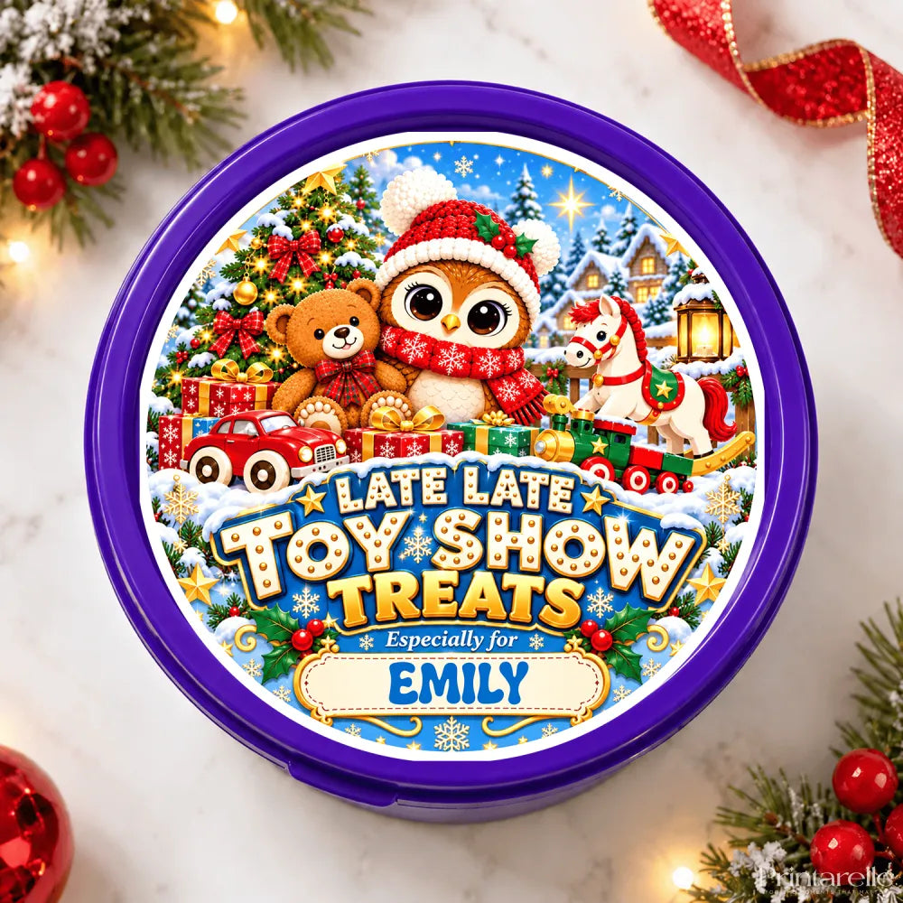 Purple circular tin with festive christmas tub sticker featuring owl teddy bear horse winter toy train and candy cane design