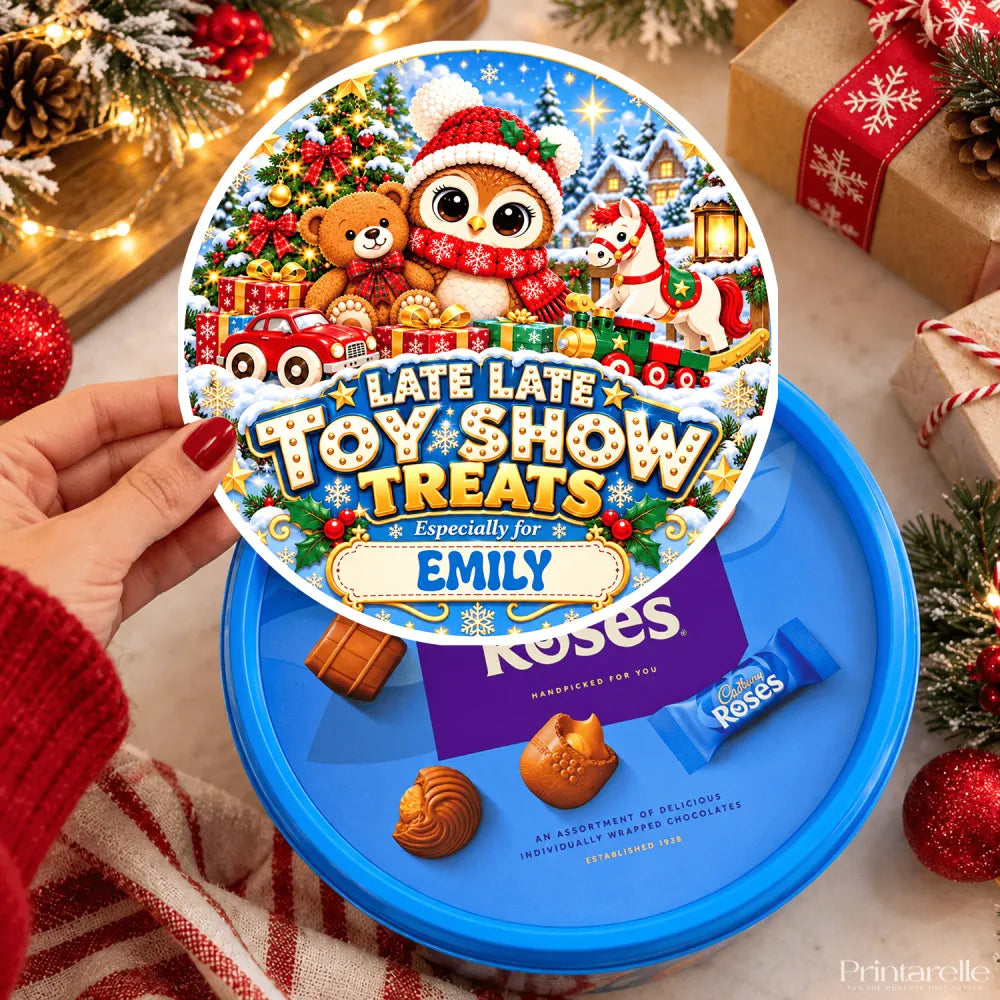 Blue cadbury roses tub sticker featuring festive owl, teddy bear, and horse in christmas attire with candy cane and toy train design