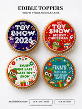 Circular edible icing sheet toppers with colorful cartoon owls stars candy canes on a sugary cookie for late late toy show