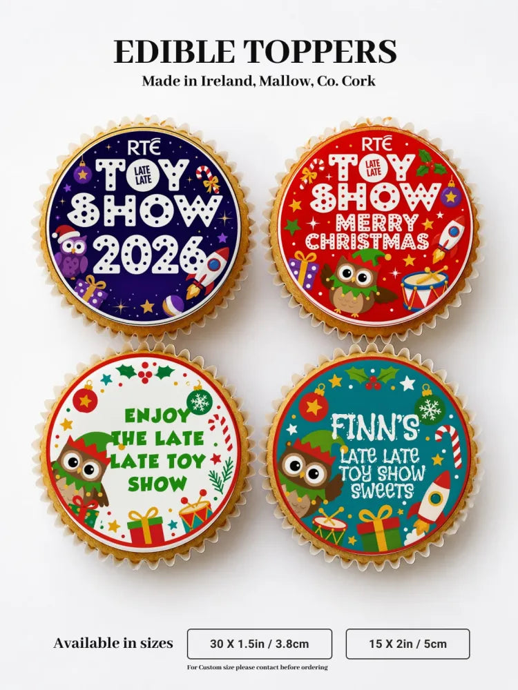 Circular edible icing sheet toppers with colorful cartoon owls stars candy canes on a sugary cookie for late late toy show