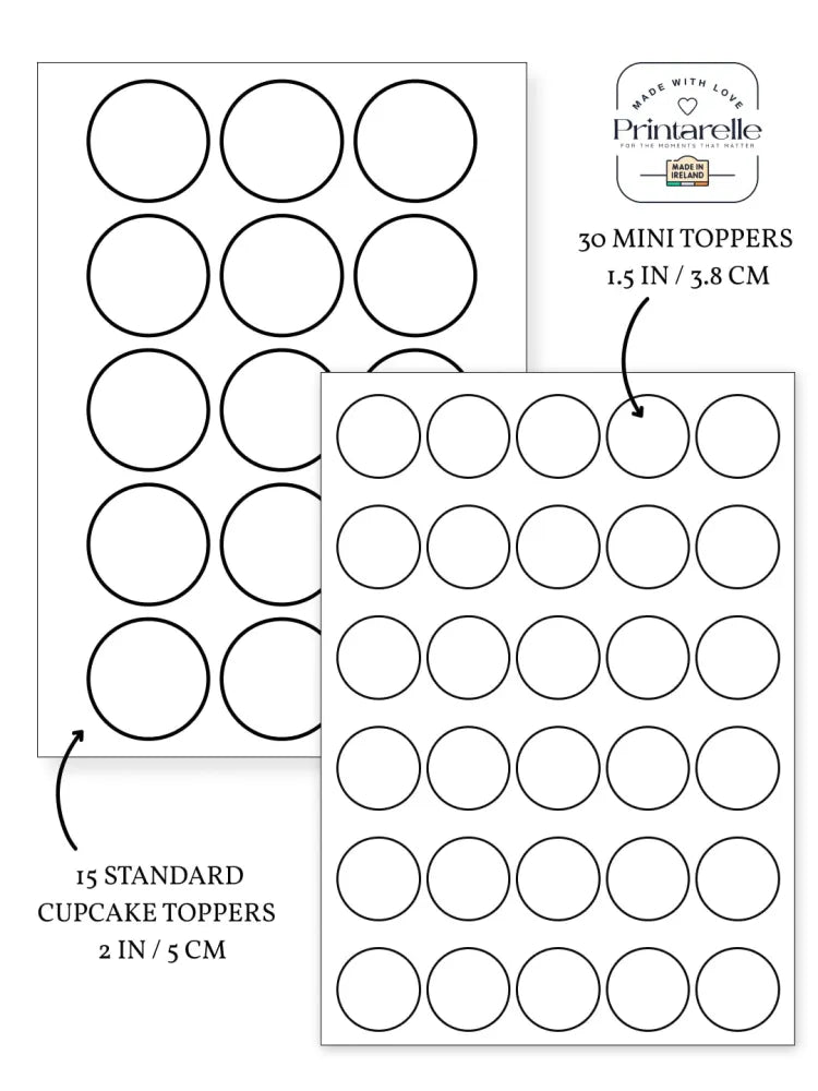 Printable toy show night sweets cupcake toppers in black outline on wafer paper with 15 standard and 30 mini sizes