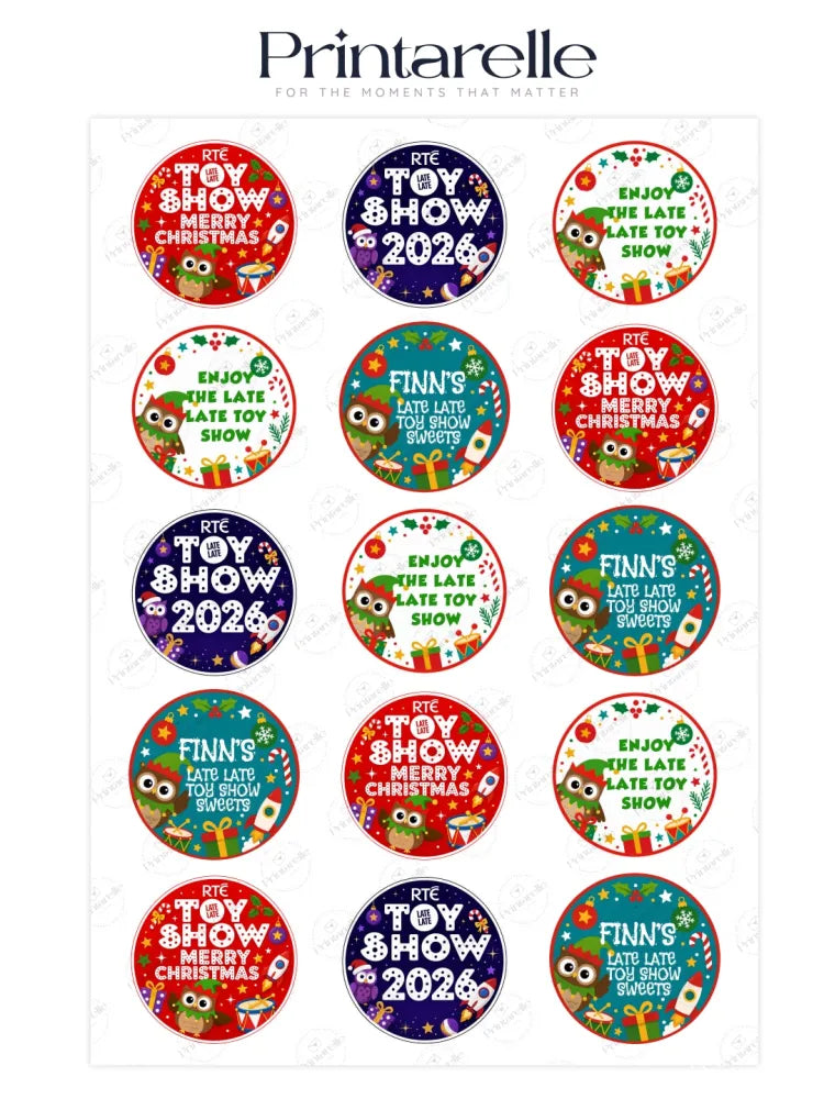 Circular festive icing sheet cupcake toppers with cartoon owls and late late toy show text in red green blue and white
