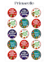 Circular festive icing sheet cupcake toppers with cartoon owls and late late toy show text in red green blue and white