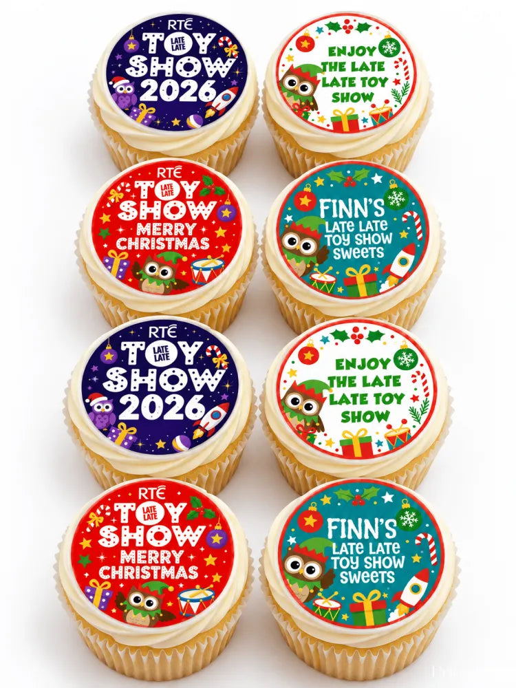 Festive cupcake toppers with cartoon owls and holiday decor printed on edible icing sheet for late late toy 2026
