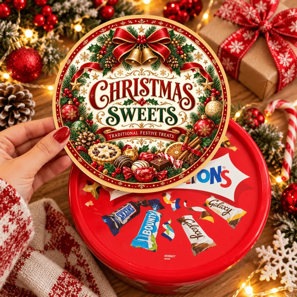 Red and gold circular tin of christmas sweets with assorted chocolates including milky way bounty galaxy and spiced orange slice