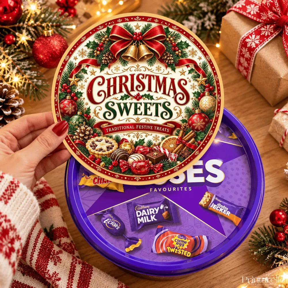 A festive tin of traditional christmas sweets with red green and gold lid featuring mince pie and spiced orange slice designs