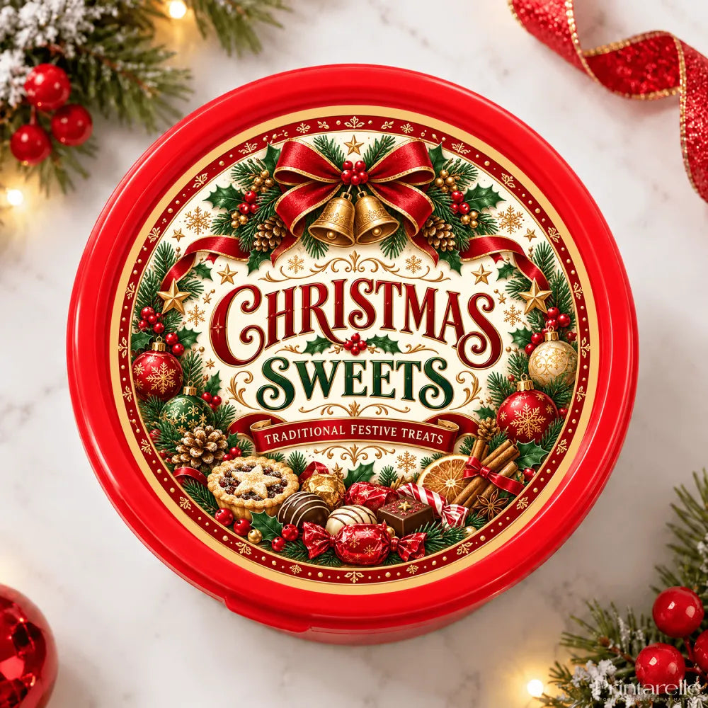 Red circular tin of traditional christmas sweets featuring mince pie and spiced orange slice festive holiday design