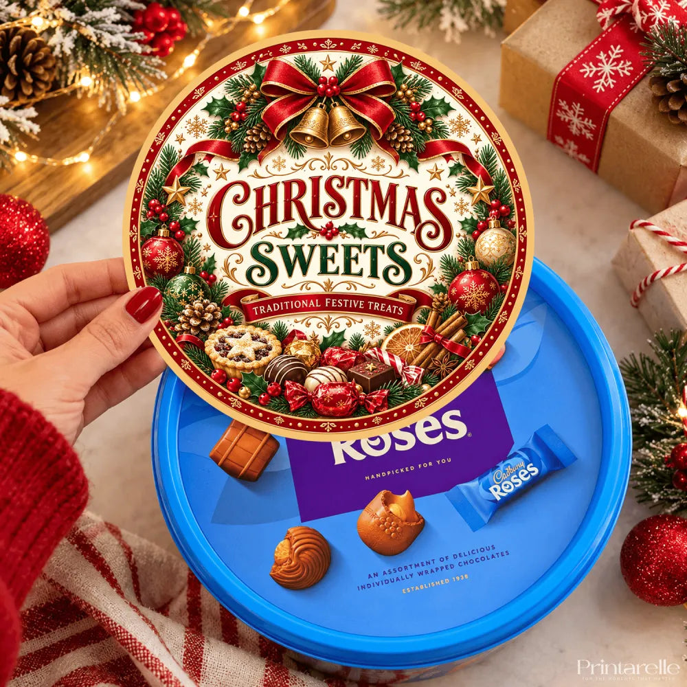 A festive circular lid for a cadbury roses christmas sweets tin with red green bells holly and pinecones for mince pie tub