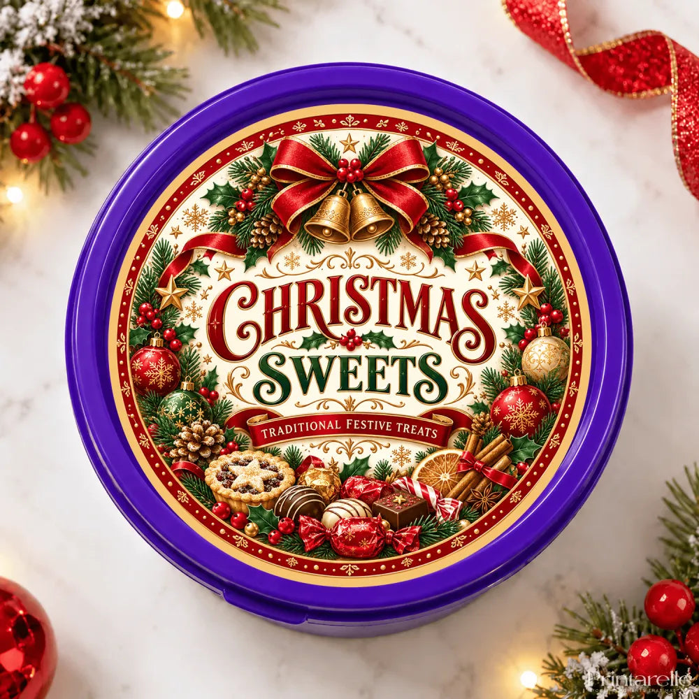 Purple circular mince pie tub with festive christmas sweets label featuring spiced orange slice and holiday bow
