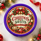 Purple circular mince pie tub with festive christmas sweets label featuring spiced orange slice and holiday bow