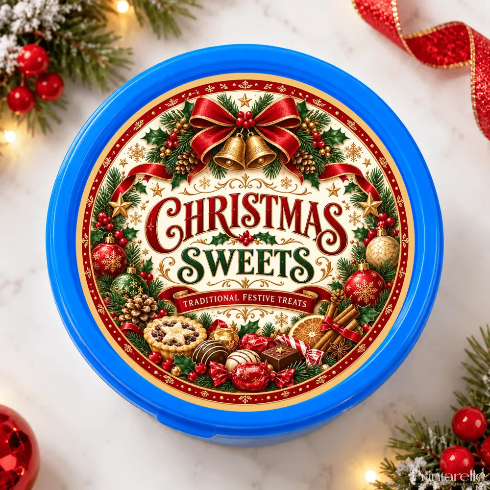 Blue plastic mince pie tub with festive red gold and green label featuring christmas sweets and spiced orange slice