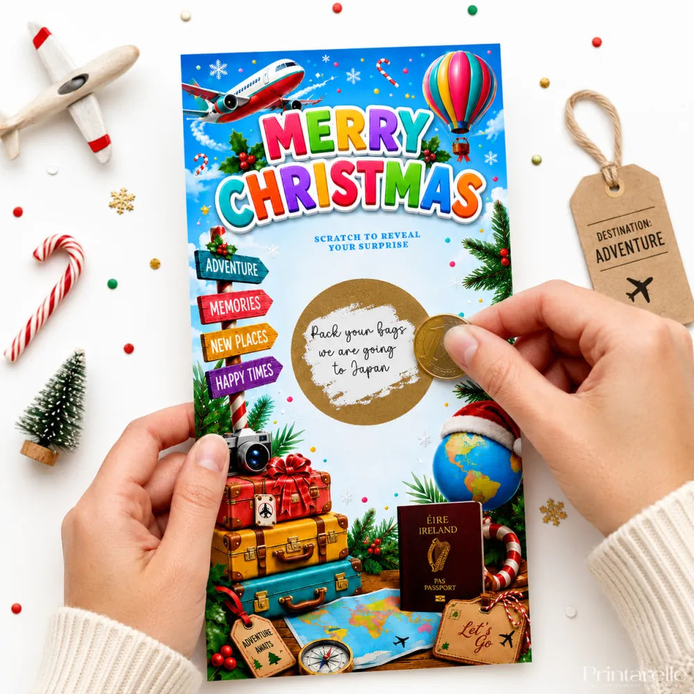 Colorful travel birthday scratch card with irish passport theme and gold scratch sticker revealing destination