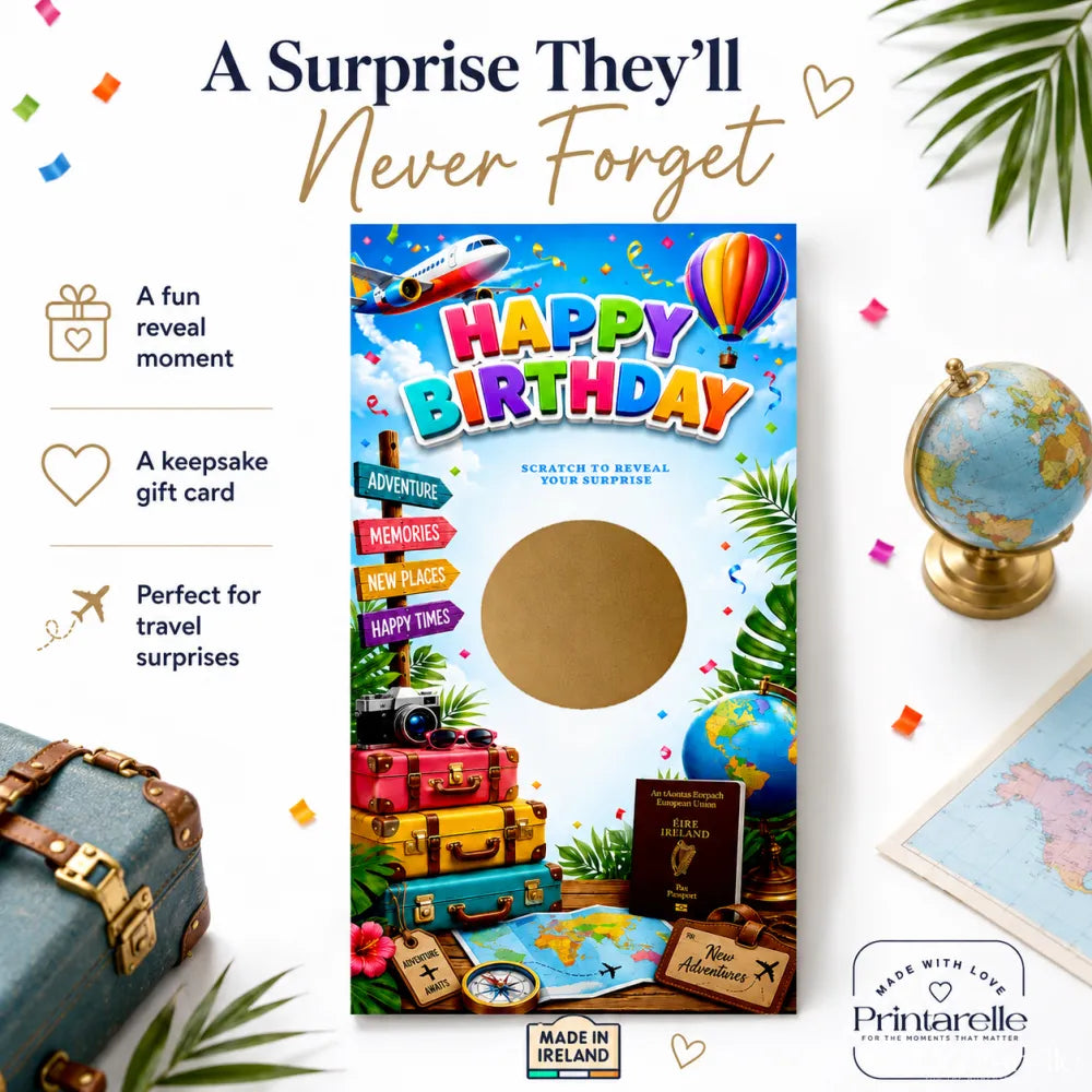 Colorful travel birthday scratch card with irish passport theme and gold scratch sticker featuring suitcases and airplane