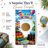 Colorful travel birthday scratch card with irish passport theme and gold scratch sticker featuring suitcases and airplane