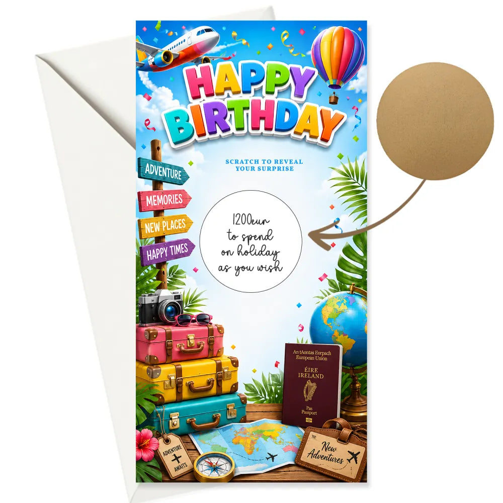 Colorful travel birthday scratch card with stacked suitcases passport globes and a gold scratch sticker irish passport theme