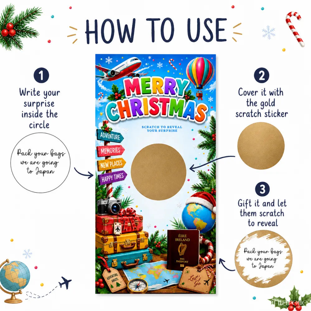 Merry christmas travel birthday scratch card with vibrant blue background irish passport and gold scratch sticker