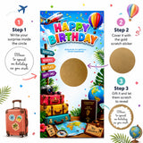 Colorful travel birthday scratch card with gold scratch sticker featuring suitcases globes airplanes irish passport theme