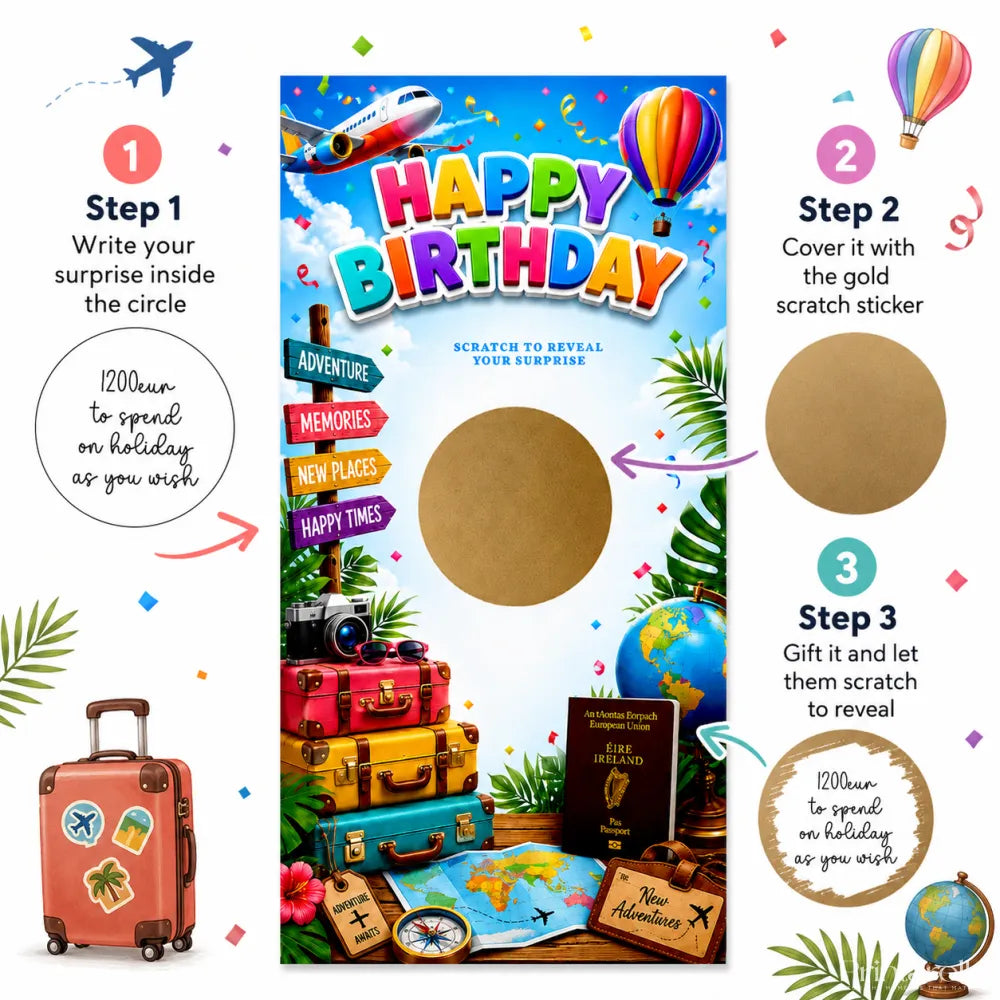 Colorful travel birthday scratch card with gold scratch sticker featuring suitcases globes airplanes irish passport theme