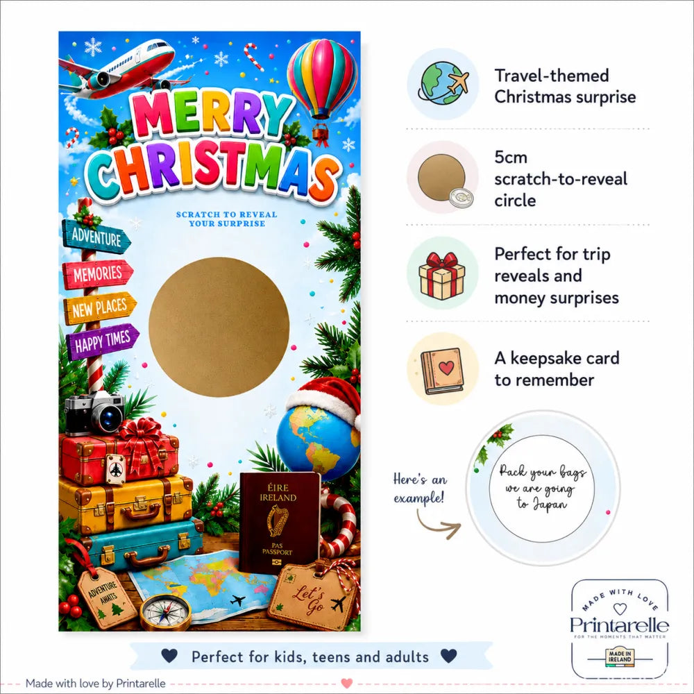 Colorful christmas scratch card with irish passport travel motifs like suitcases and hot air balloons for holiday fun