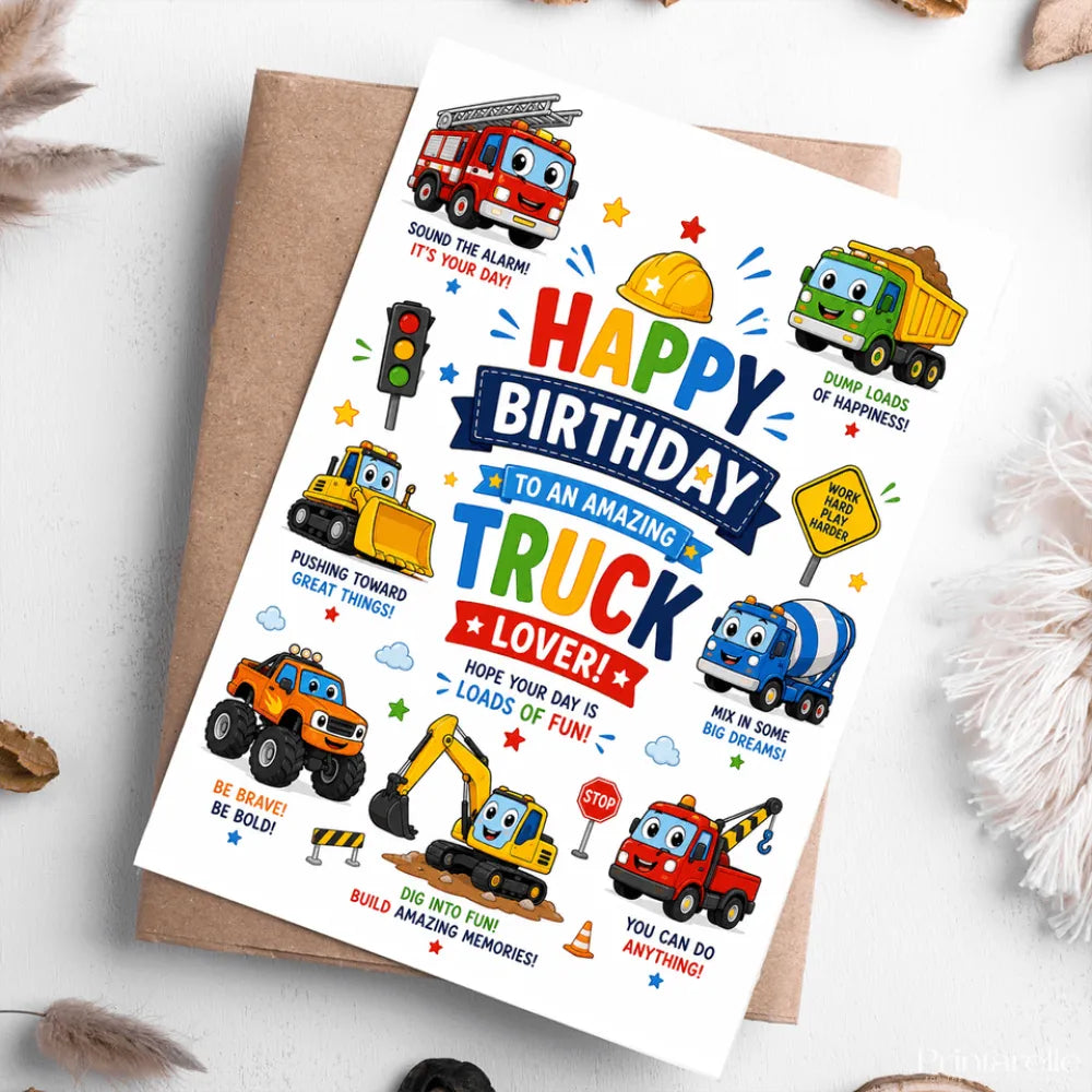 Truck Birthday Card for Kids - Vehicle Fan Card - truck birthday card, truck birthday, birthday card, kraft envelope,