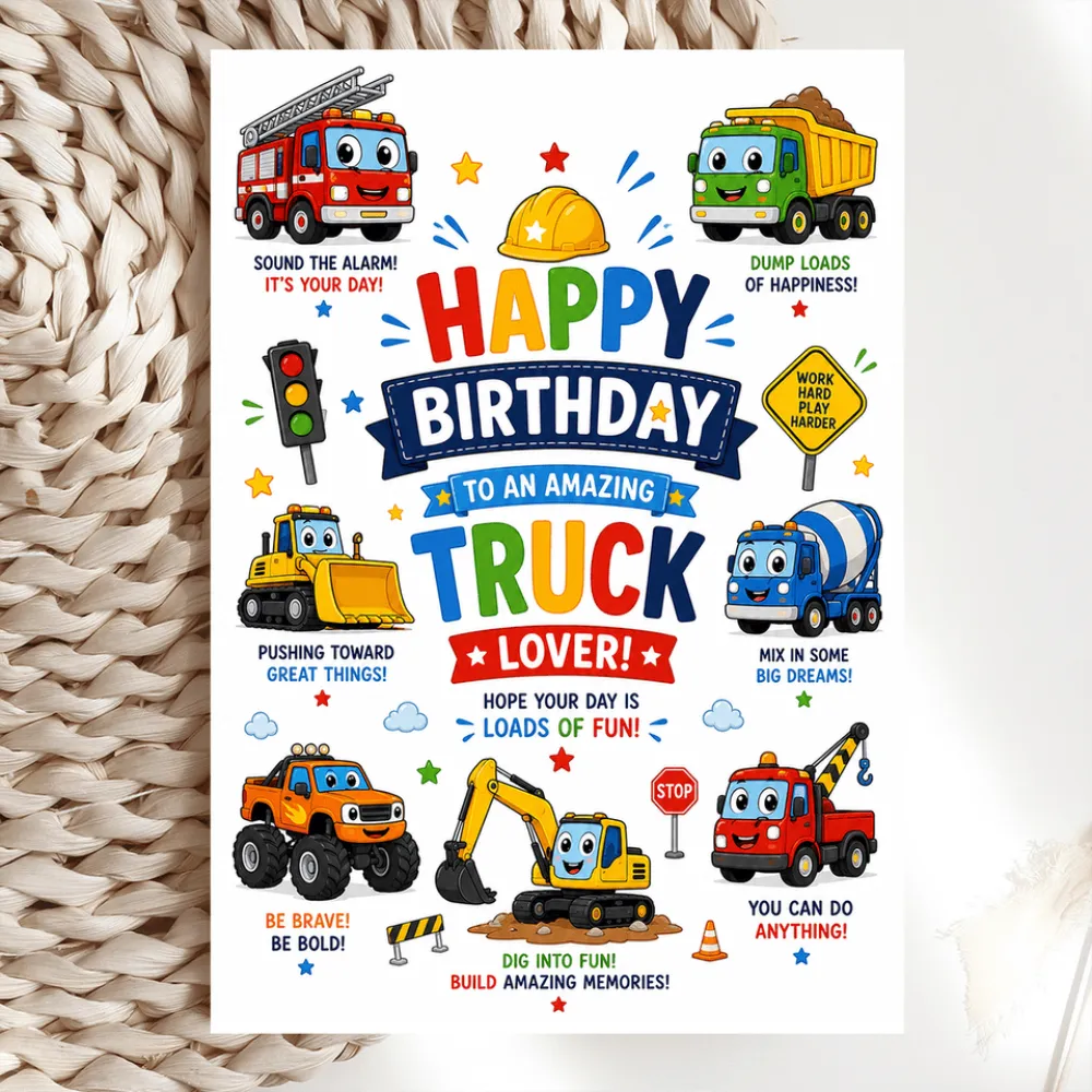 Truck Birthday Card for Kids - Vehicle Fan Card - truck birthday card, truck birthday, birthday card, kraft envelope,